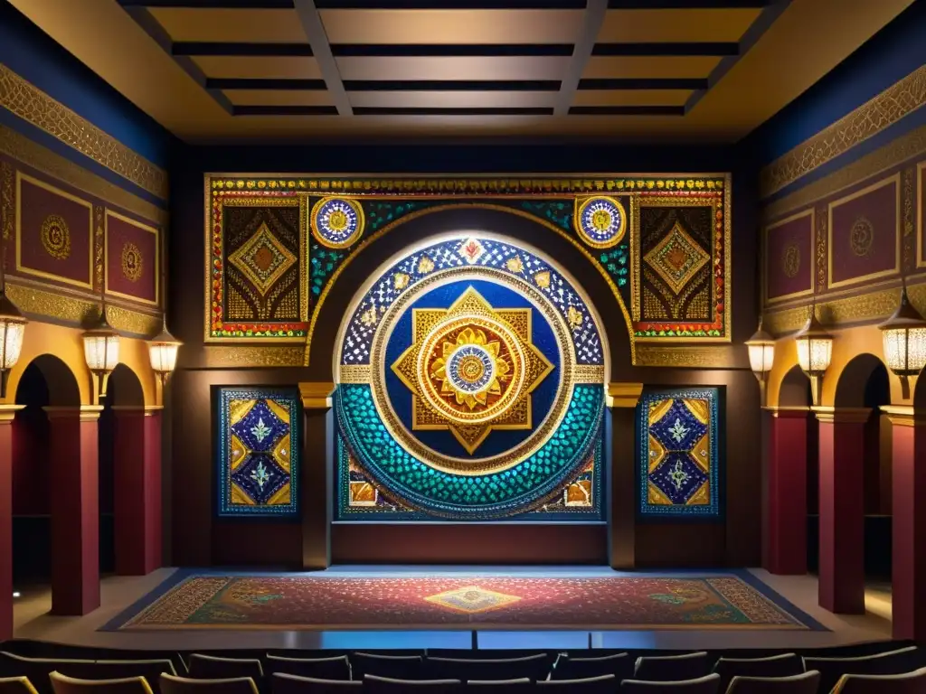 Mosaicos árabes en cine y teatro: Un impresionante mosaico detallado con colores vibrantes y escenas de la arquitectura árabe en un escenario teatral