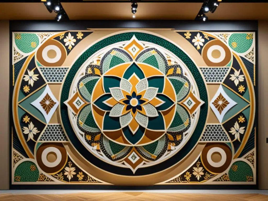 Mosaicos árabes contemporáneos diseño artístico en galería moderna de colores cálidos y motivos intrincados