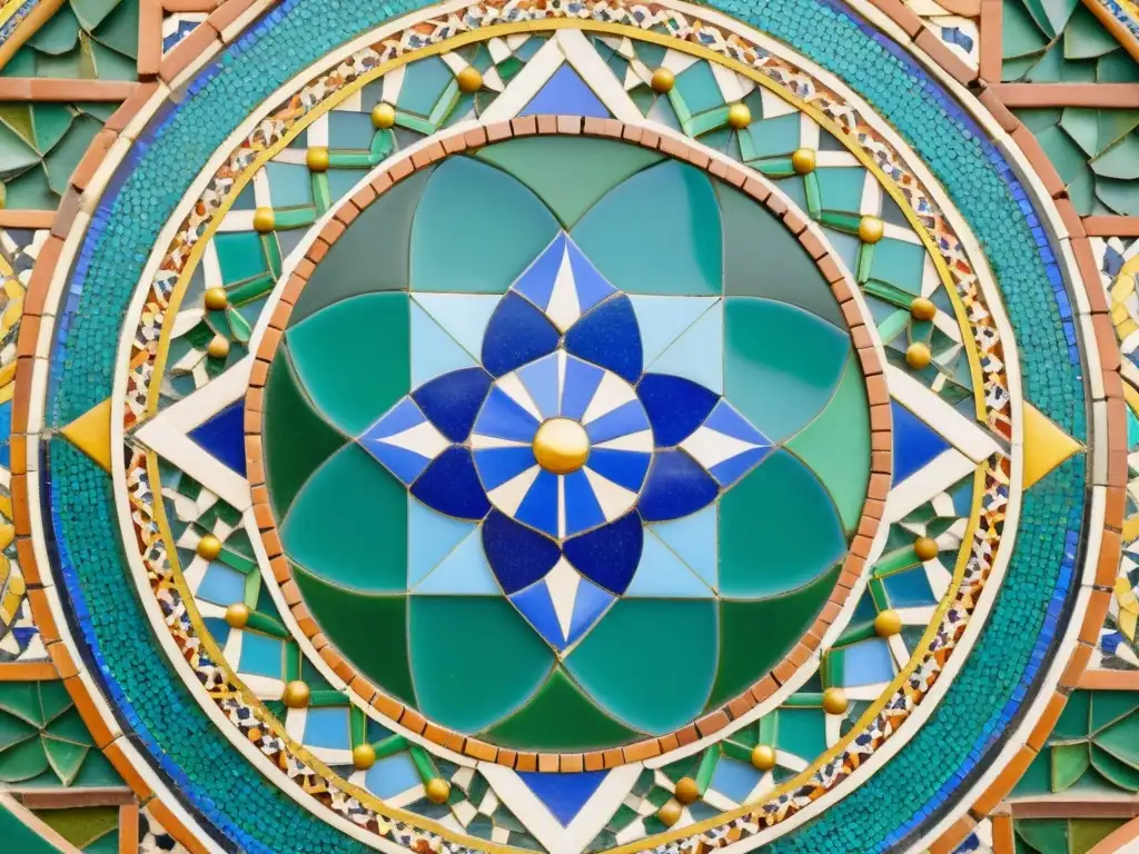 Mosaicos árabes en publicidad global: Intrincado mosaico en tonos terracota, verde esmeralda y azul zafiro adorna las paredes de un palacio árabe