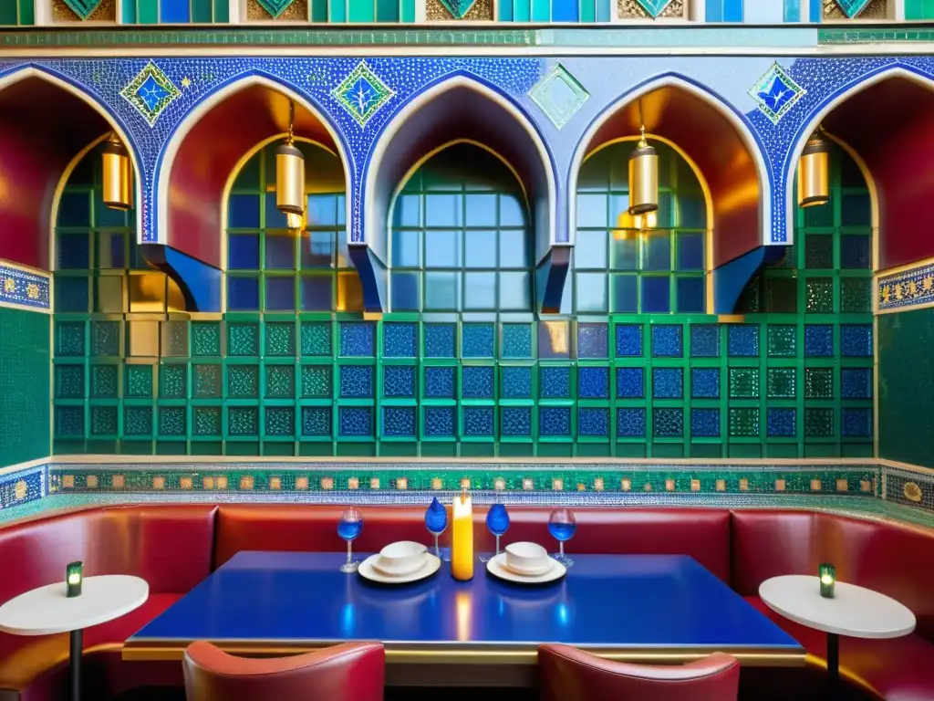 Mosaicos árabes en restaurantes: Un deslumbrante mosaico de patrones geométricos y colores vibrantes en las paredes de un lujoso restaurante de temática árabe