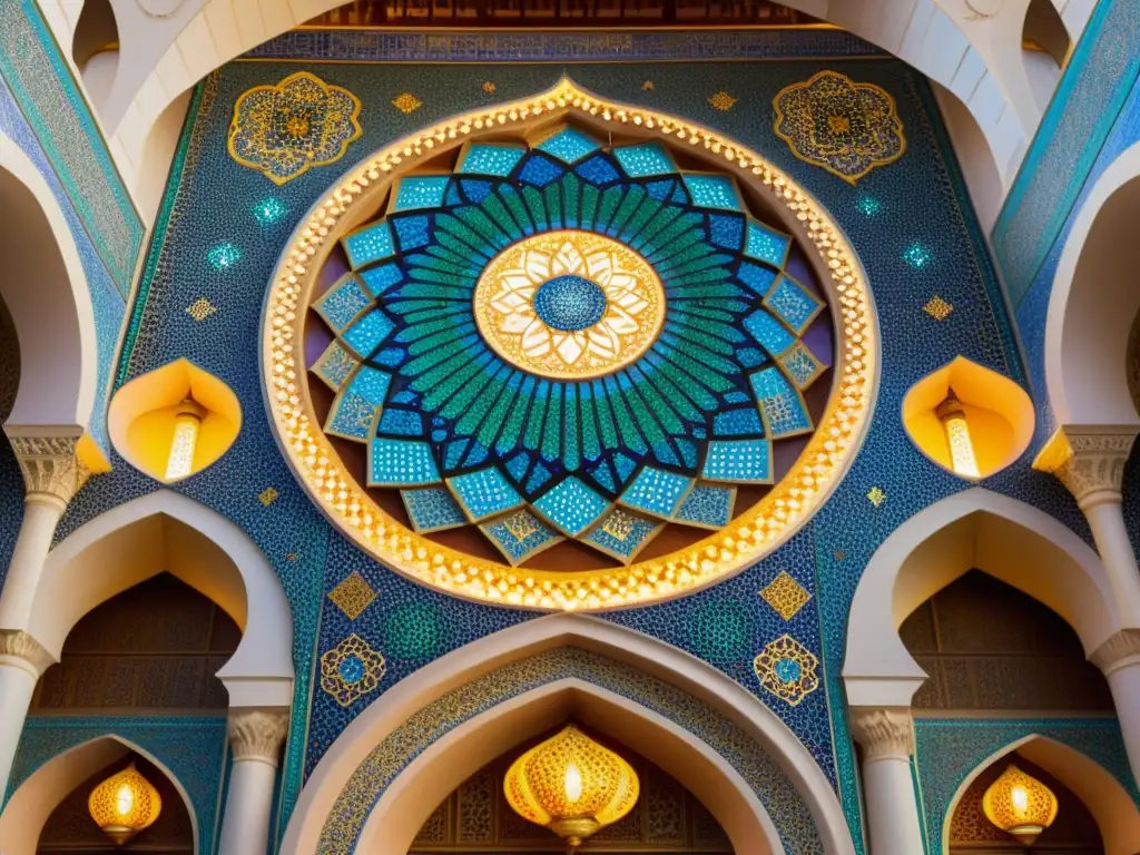 Mosaico islámico: arte vibrante y cultural Mosaicos en arquitectura islámica: Detalle de un impresionante y vibrante mosaico que adorna la pared de una majestuosa mezquita