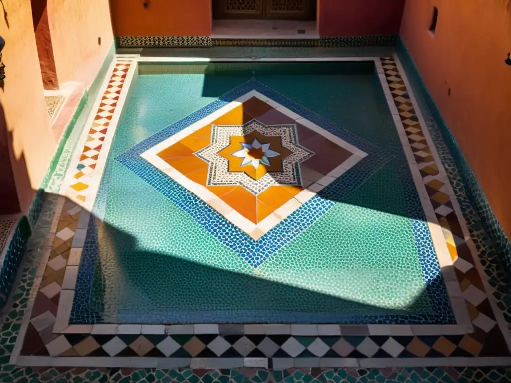 Mosaicos de Marruecos arte: Fotografía vintage de un patio en Marrakech, con vibrantes mosaicos y sombras dramáticas bajo el sol