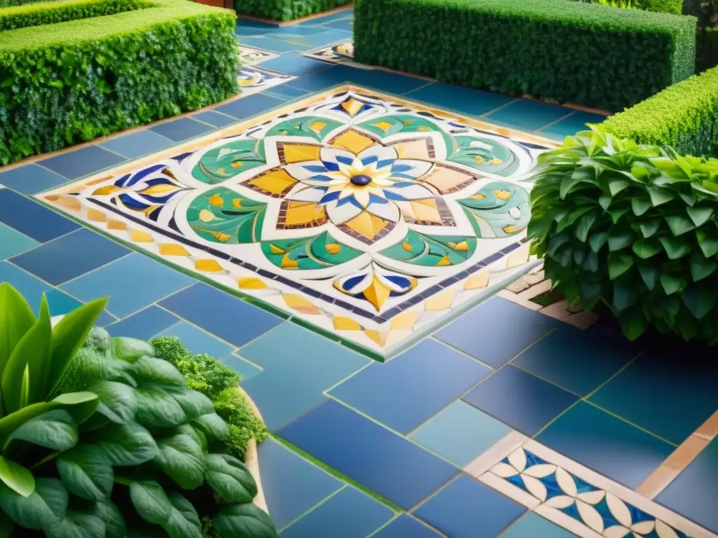 Mosaicos árabes para jardines exteriores: Jardín exuberante con patrones intrincados, colores vibrantes y una sensación de elegancia atemporal