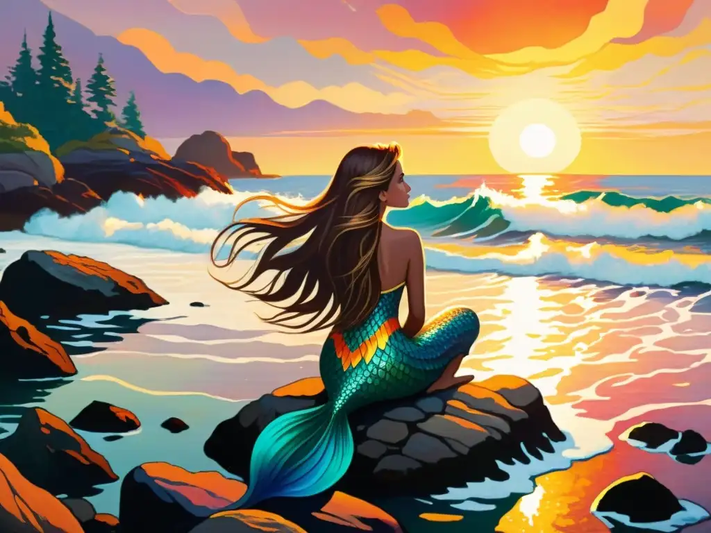 Motivo artístico de la Sirena contemplativa frente al mar al atardecer, con colores vibrantes y una atmósfera misteriosa y cautivadora