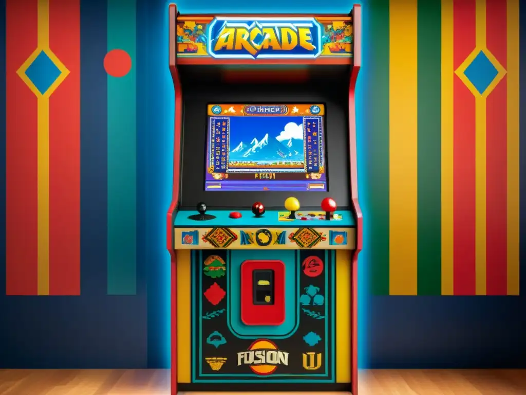 Un mueble de arcade vintage con patrones visuales en videojuegos que representan diversas culturas, rodeado de jugadores inmersos en la experiencia visual única en pantalla