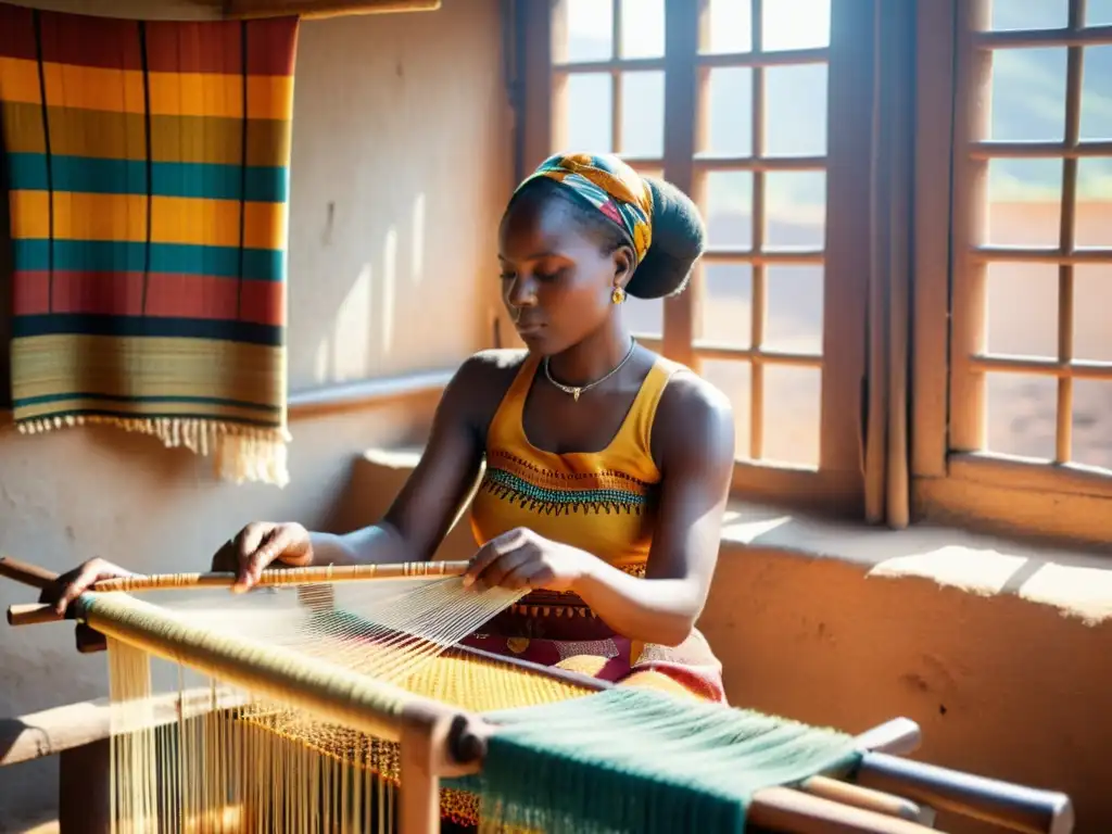 Una mujer africana teje con destreza en un telar de cintura tradicional, rodeada de vibrantes materiales