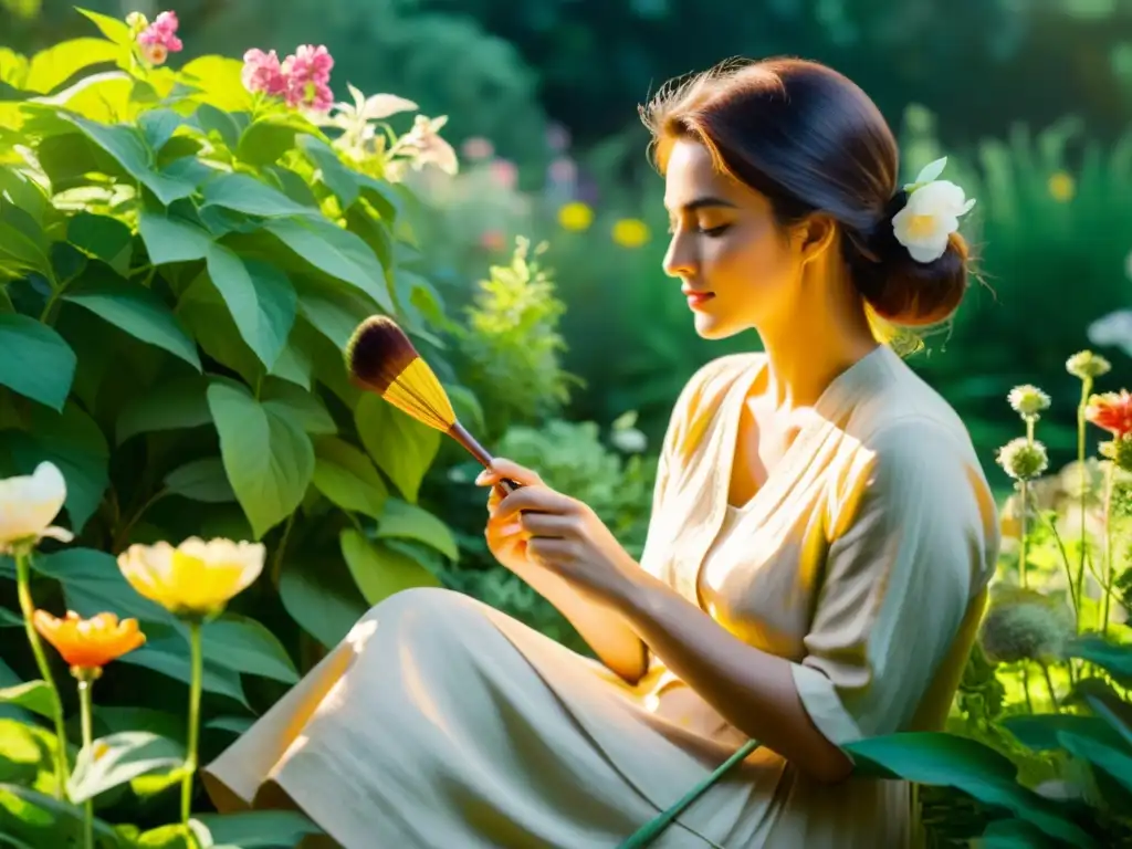 Una mujer crea arte terapéutico en un jardín, rodeada de flores vibrantes