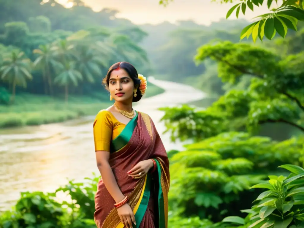 Una mujer bengalí con un hermoso saree, en un entorno natural con un río sereno al fondo