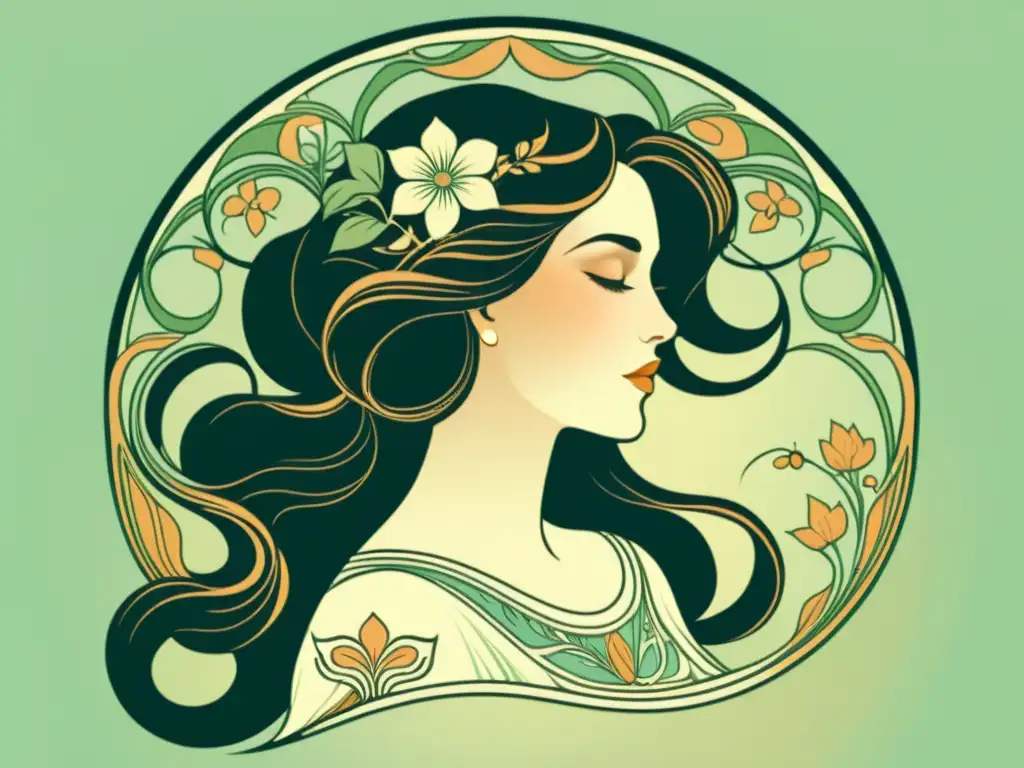 Una ilustración vintage de una mujer con cabello ondeado adornado con patrones florales en el estilo Art Nouveau