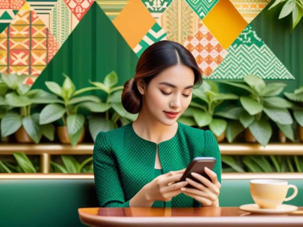 Una mujer en un café vintage usando un smartphone con patrones artísticos