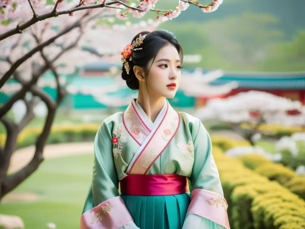 Una mujer coreana viste un hanbok tradicional en un exuberante jardín de cerezos en flor