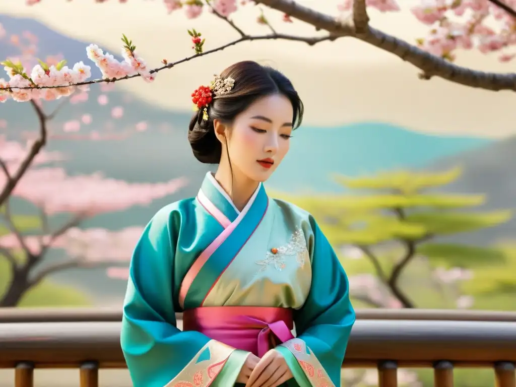 Una mujer coreana viste un hanbok vibrante y ricamente adornado, con elegancia y gracia