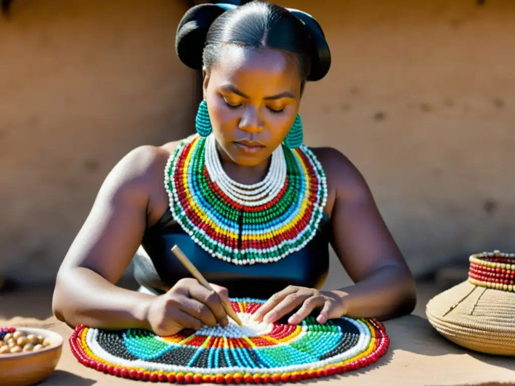 Una mujer Zulú crea con destreza un diseño tradicional de tejido de cuentas Zulú, mostrando orgullo cultural y habilidad artística