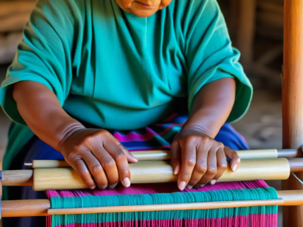 Una mujer Tarahumara teje diseños artísticos en telar de madera, destacando la rica tradición cultural y artística de los tejidos tarahumaras