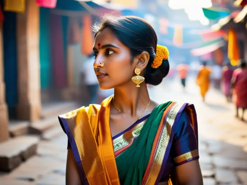 Una mujer elegante lleva un colorido sari tejido a mano en Varanasi, simbolismo saris Varanasi en cada detalle