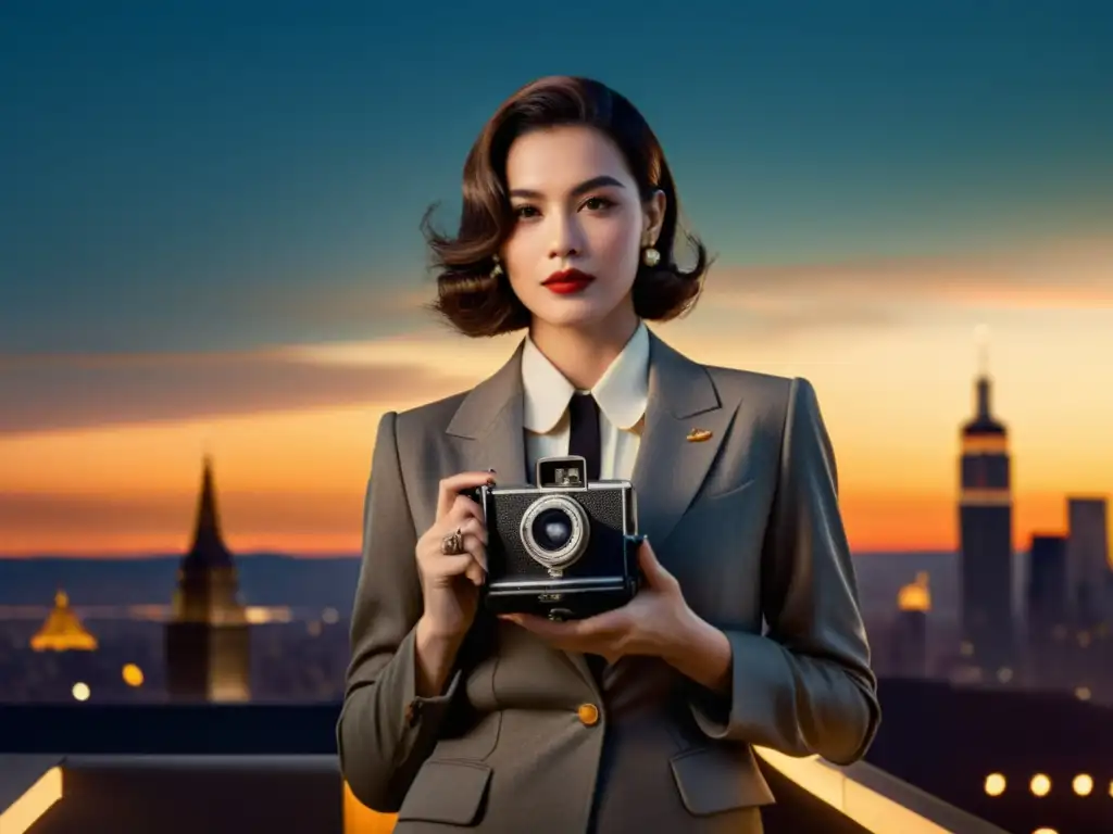 Retrato nostálgico: Mujer elegante con cámara ante la ciudad al atardecer Una mujer elegante en traje sostiene una cámara clásica frente a un atardecer en la ciudad
