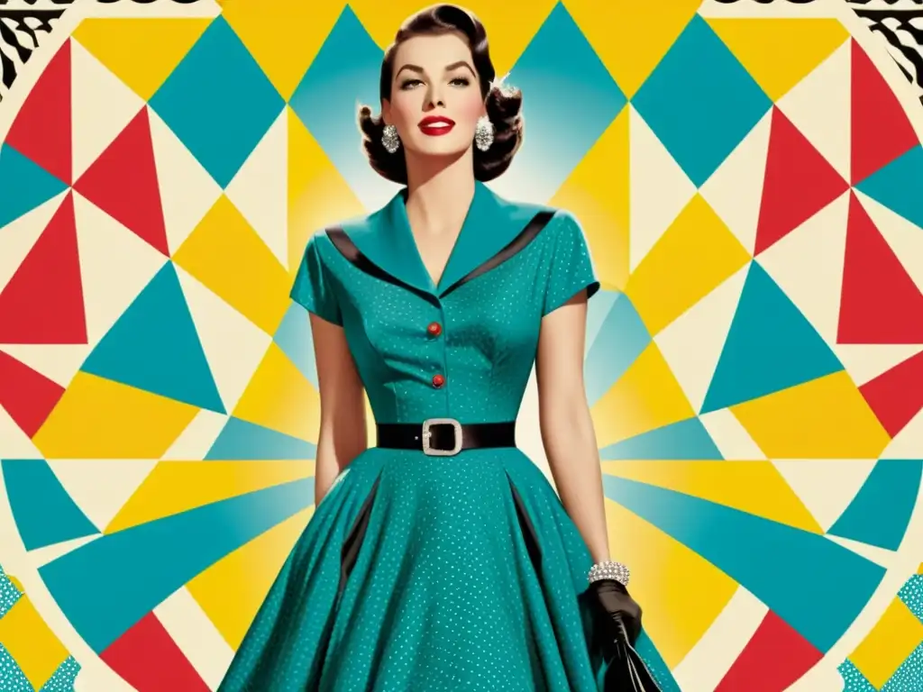 Una ilustración vintage de una mujer elegante en un vestido de los años 50, rodeada de patrones del producto publicitado