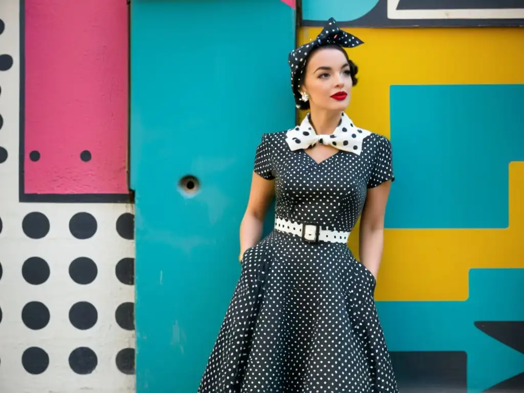 Una mujer elegante en vestido de lunares posa frente a colorido graffiti