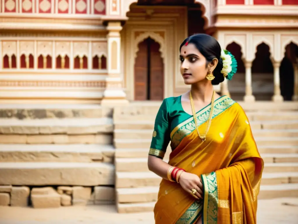 Una mujer viste un hermoso sari con motivos tradicionales en Varanasi, resaltando el simbolismo saris Varanasi