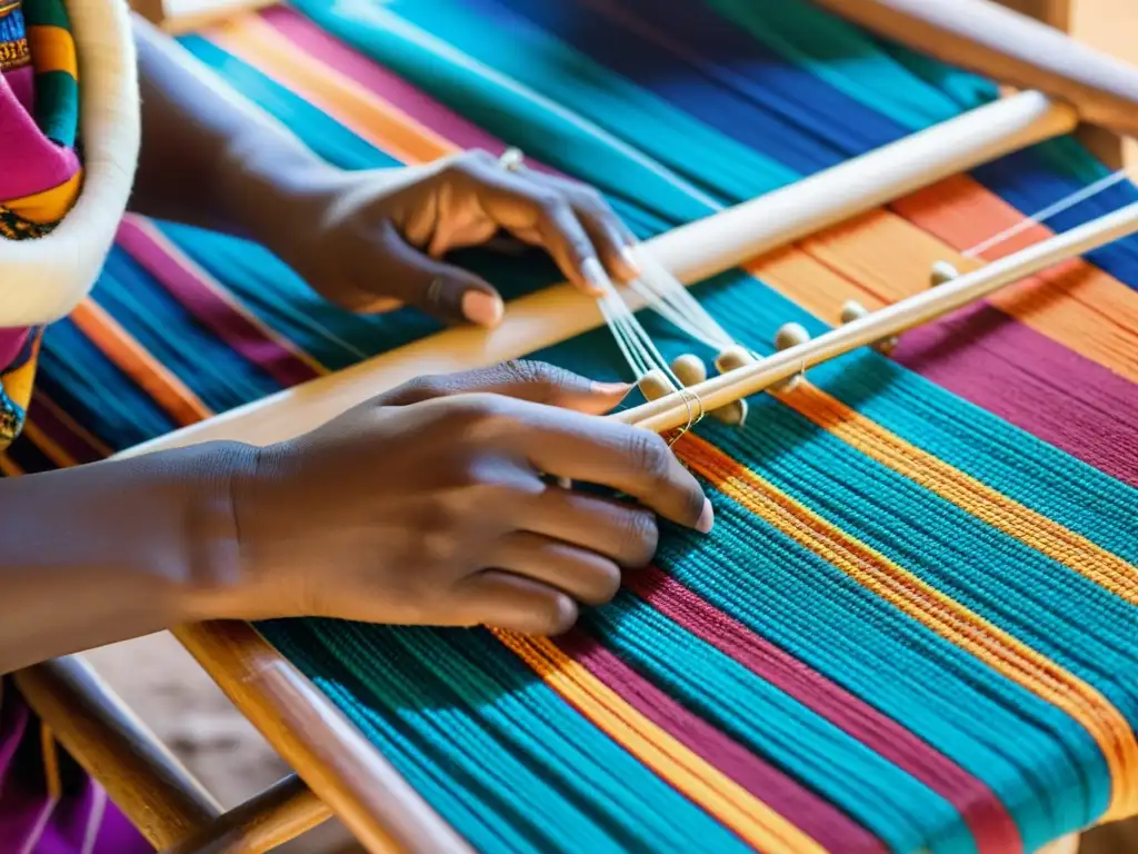 Una mujer fulani teje hábilmente hilos vibrantes en un telar tradicional, destacando la rica tradición del arte textil fulani