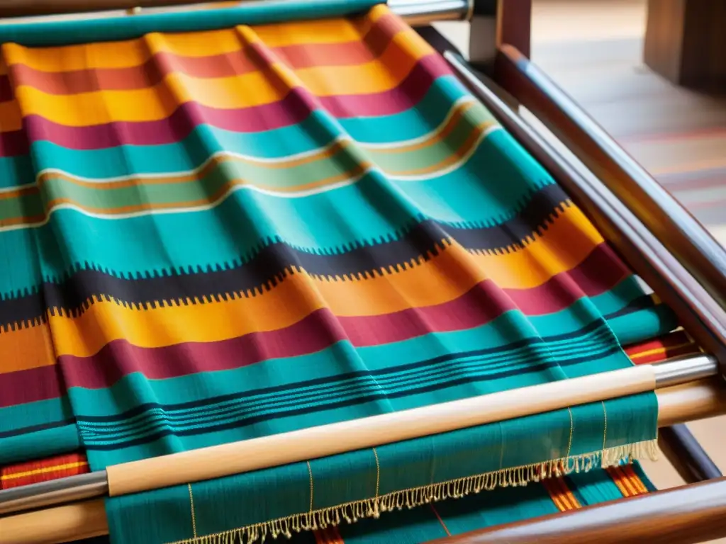 Mujer india tejiendo con cuidado un vibrante textil Ikat en un telar tradicional de madera, mostrando el significado y renacimiento del Ikat en India