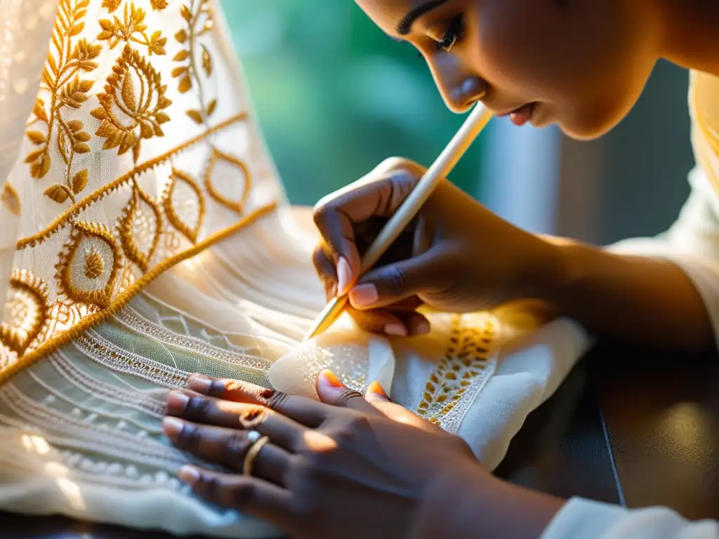 Una mujer india borda delicadamente un patrón Chikankari en tela transparente mientras la luz solar ilumina los vibrantes hilos