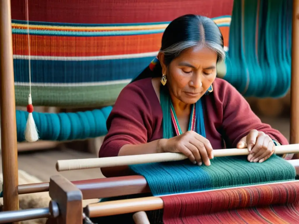 Una mujer indígena boliviana teje tapices andinos con significado mientras rodeada de vibrantes hilos en colores tradicionales de los Andes