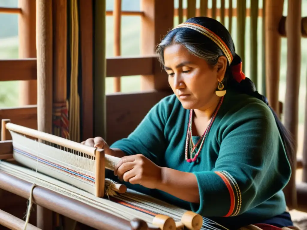 Una mujer Mapuche teje con destreza en un telar tradicional, rodeada de hilos vibrantes