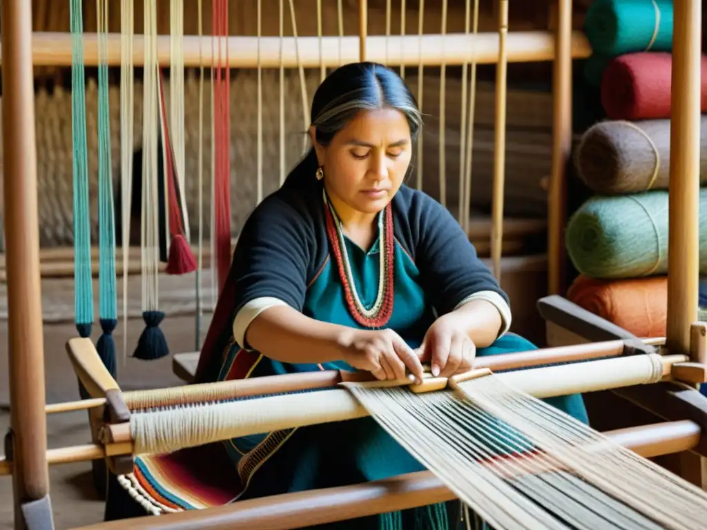 Una mujer Mapuche teje con destreza en un telar rodeada de coloridos hilos, destacando el Arte del Telar Mapuche