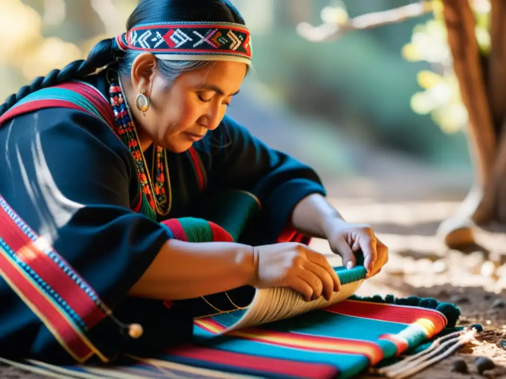 Una mujer mapuche teje con destreza un textil tradicional, rodeada de la naturaleza