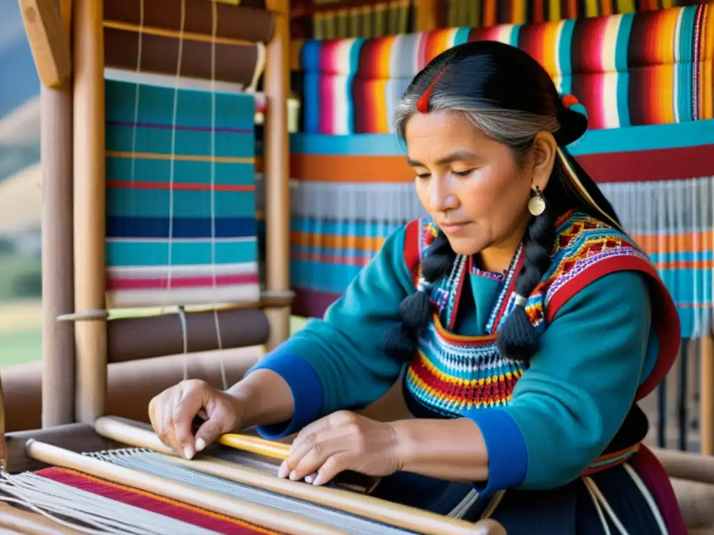 Una mujer Mapuche teje con maestría en telar de madera, rodeada de colores y patrones, en las colinas de la Pampa