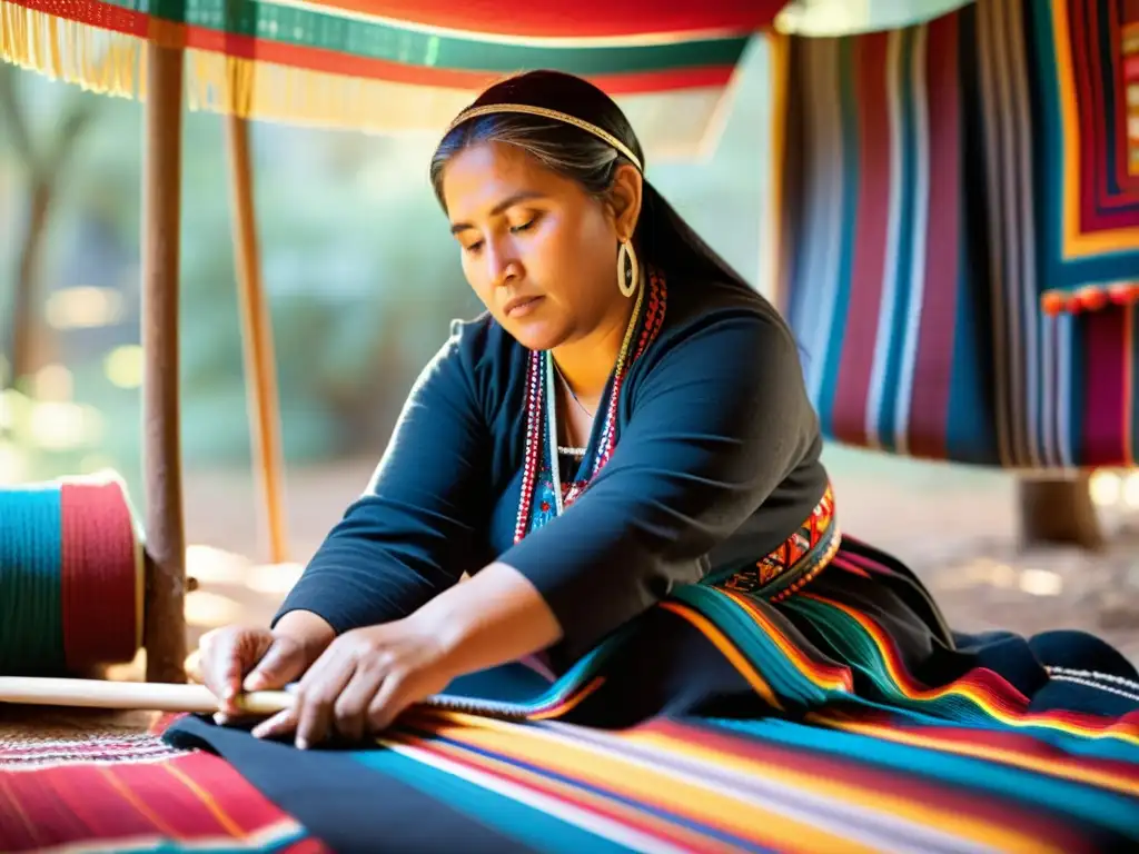 Una mujer mapuche teje patrones culturales en un telar rodeada de tejidos vibrantes y otras mujeres trabajando en sus proyectos de tejido