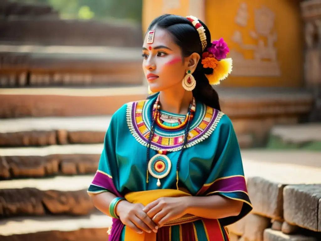 Una mujer maya viste una colorida vestimenta tradicional con patrones geométricos