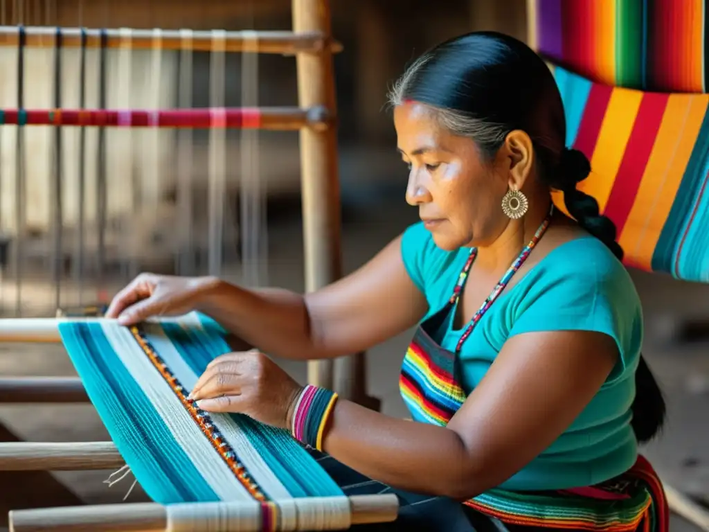 Una mujer maya teje con destreza patrones tradicionales en un telar, reflejando el significado cultural de las técnicas ancestrales de tejido