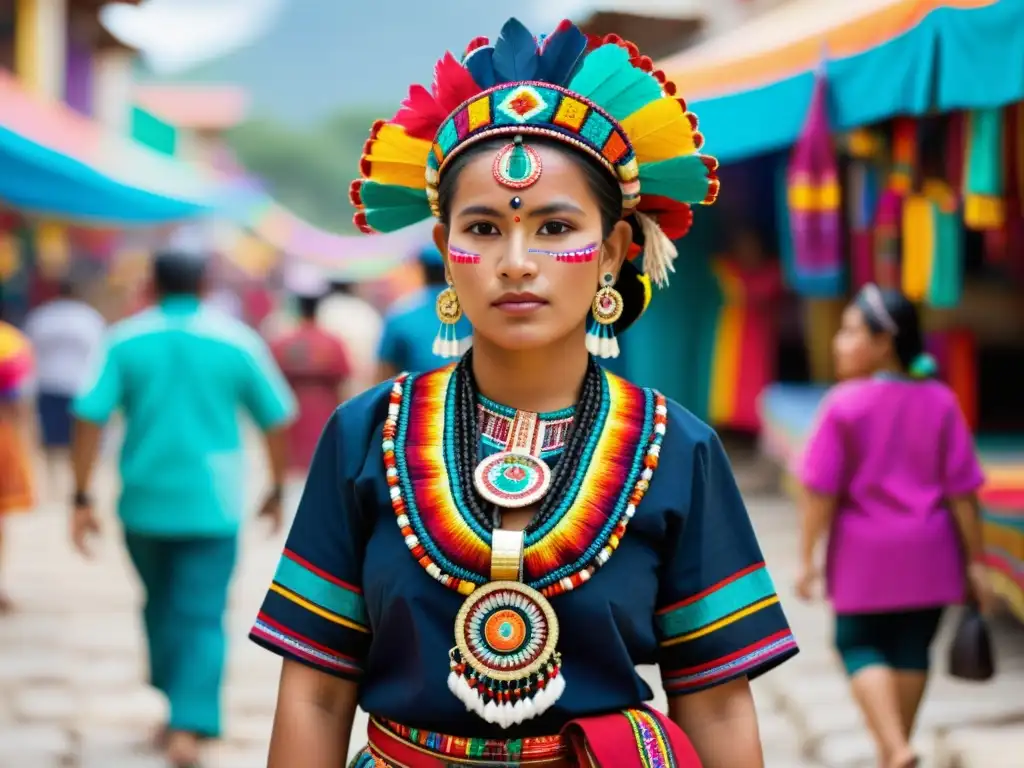 Una mujer maya lleva un huipil tradicional con colores vibrantes y patrones geométricos