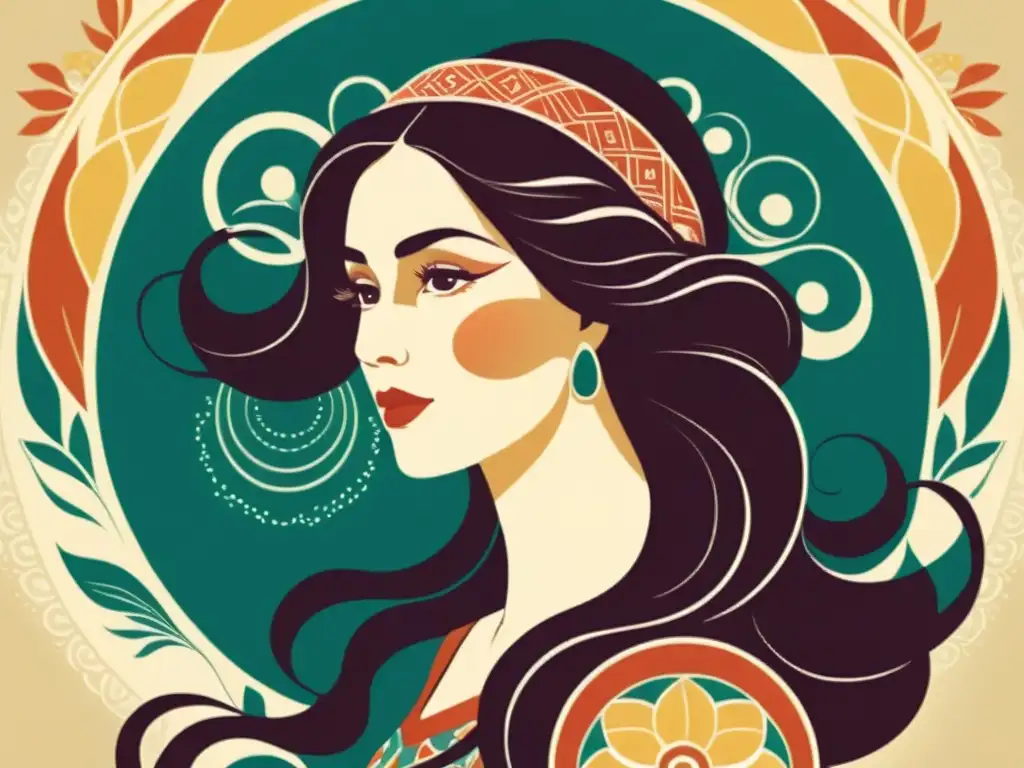 Una ilustración vintage de una mujer con patrones artísticos en su cabello, proyectando belleza y sofisticación atemporal