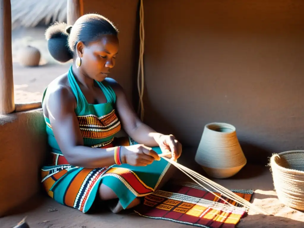 Una mujer Zulu teje patrones geométricos con hilos vibrantes en una cabaña rústica iluminada por la luz del sol