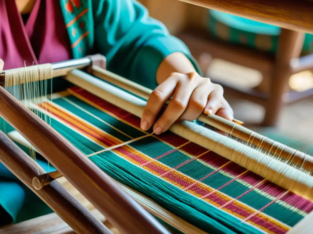 Una mujer uzbeka teje patrones ikat en un telar de madera, capturando la herencia cultural de los tejidos milenarios de Uzbekistán