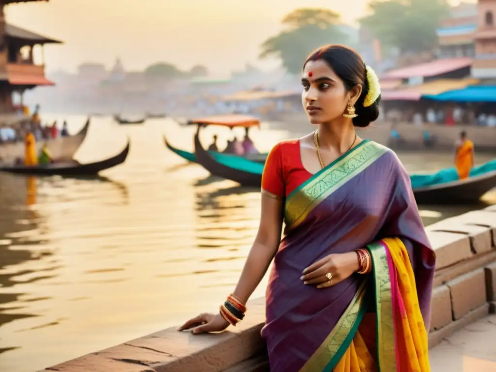 Una mujer viste un sari vibrante en los ghats de Varanasi, reflejando el simbolismo y la artesanía de los saris en Varanasi