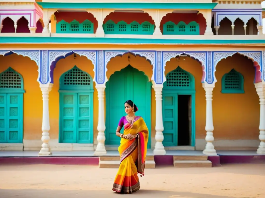 Una mujer Rajasthani viste un vibrante leheriya saree frente a un edificio ricamente decorado