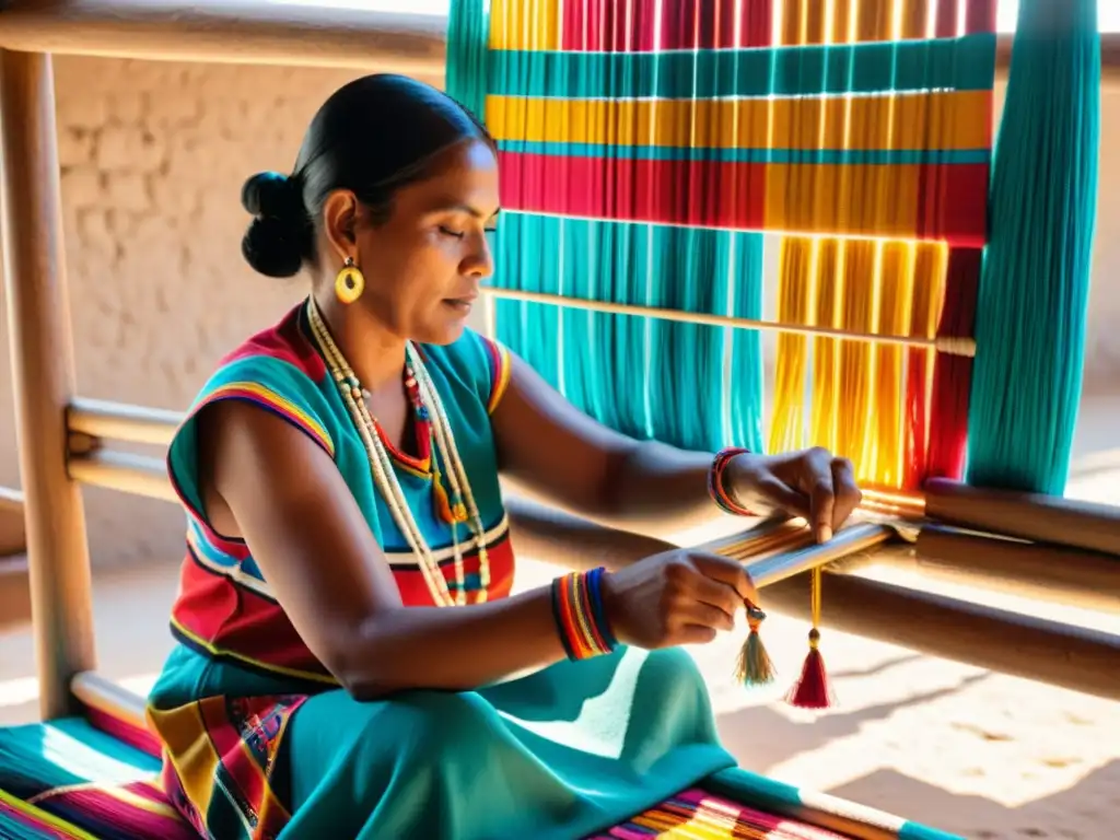 Una mujer Wayuu teje un patrón colorido y complejo en un telar, mostrando la evolución del arte de tejer Wayuu