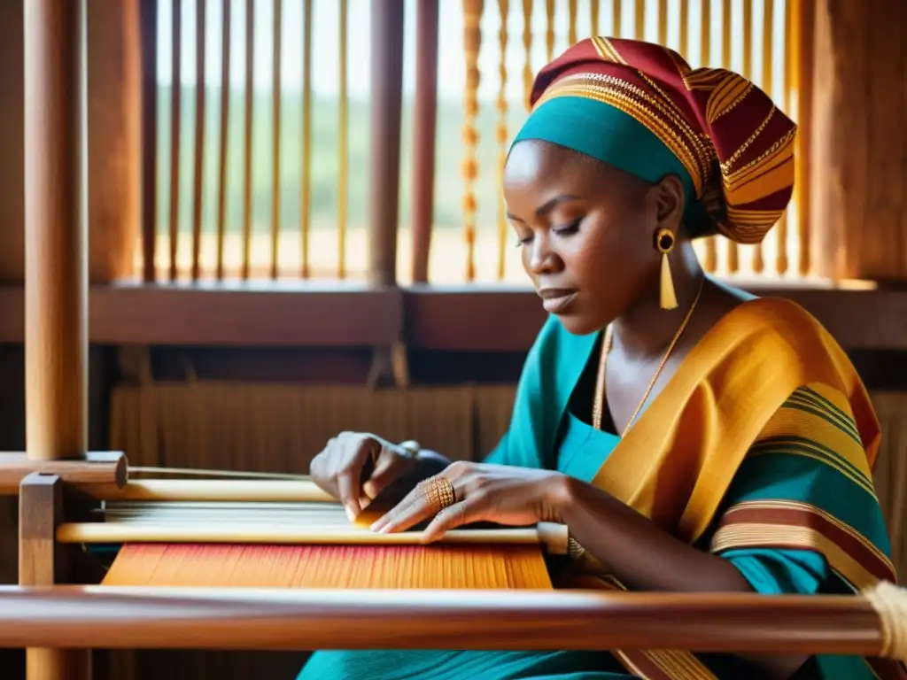 Una mujer Yoruba tejiendo el prestigioso textil Aso Oke en un telar tradicional, rodeada de colores y patrones vibrantes