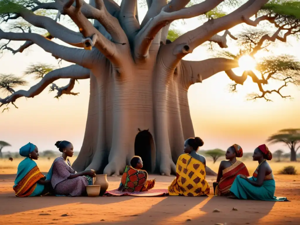 Arte textil africano bajo baobab al atardecer Mujeres africanas crean tejidos bajo un baobab al atardecer, influencia tejidos africanos moda contemporánea