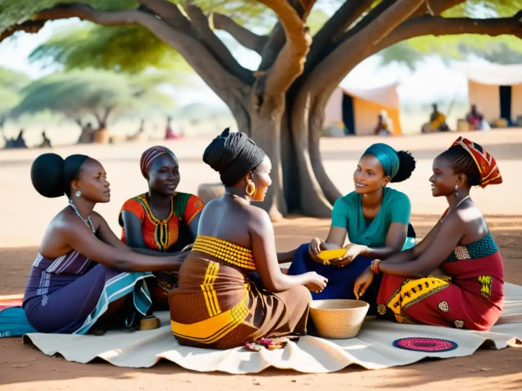 Mujeres africanas preservando tejidos tradicionales bajo un árbol