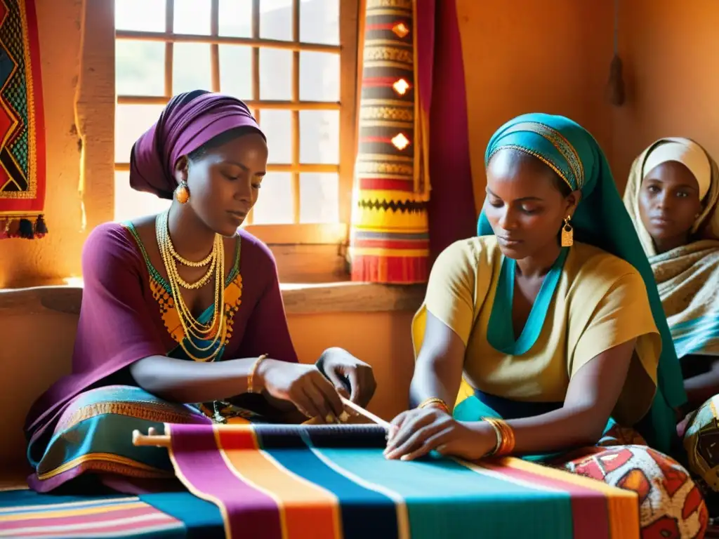 Mujeres africanas tejiendo telas coloridas con influencia árabe en una atmósfera cálida y llena de tradición