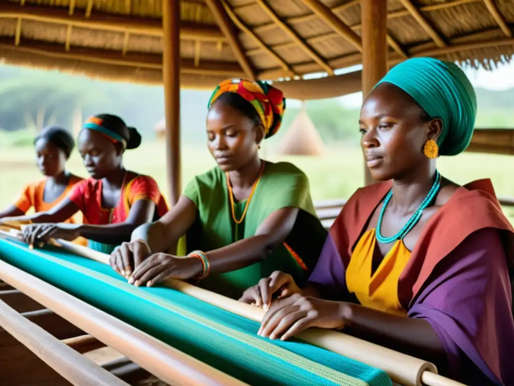 Mujeres africanas tejiendo telas con destreza en un taller iluminado por el sol, mostrando empoderamiento en la industria textil africana