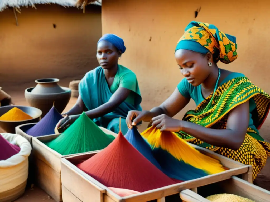 Mujeres africanas tiñendo telas con pigmentos naturales, creando patrones vibrantes