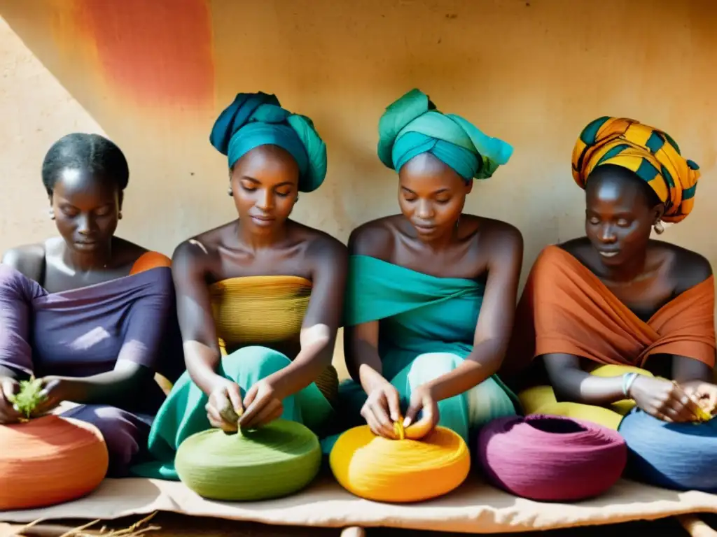 Mujeres africanas tiñendo tejidos con tintes vegetales, creando colores vibrantes y tradiciones ancestrales