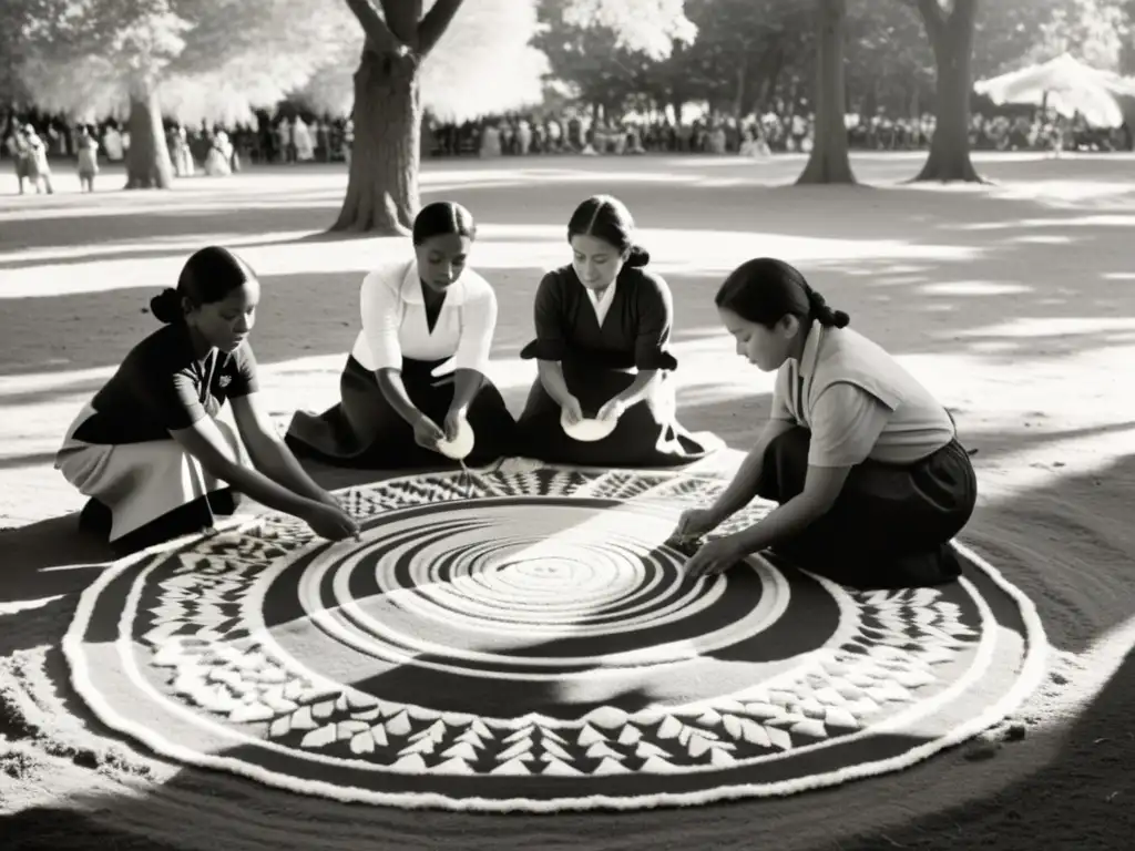 Mujeres crean alfombras de aserrín con símbolos tradicionales, rodeadas de admiradores