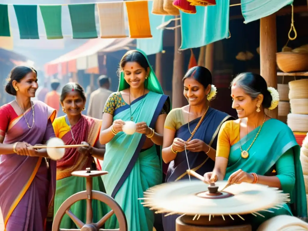 Mujeres hindúes hilando algodón en tradicionales ruedas de hilar, en un vibrante mercado indio